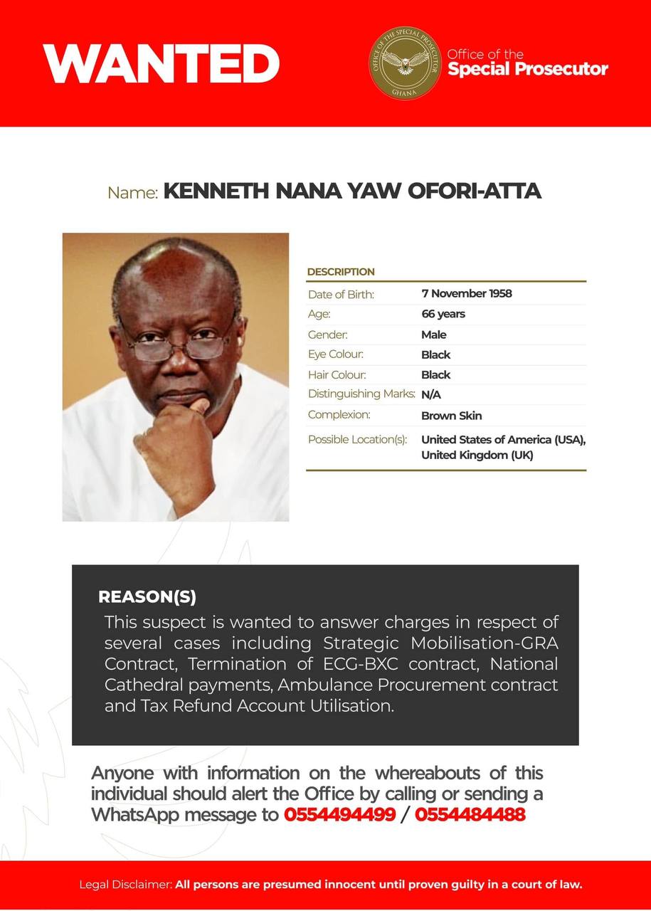 Ghana’s Office of the Special Prosecutor (OSP) has officially declared Kenneth Nana Yaw Ofori-Atta, the former Minister of Finance, WANTED over multiple corruption-related charges