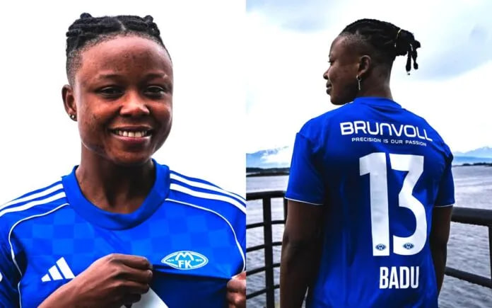 Evelyn Badu smiling in FK Molde jersey after signing with the Norwegian club ahead of the 2025 Women’s Africa Cup of Nations.