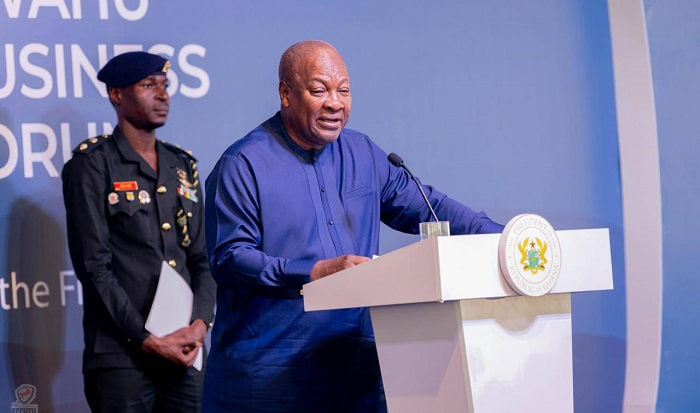 President John Dramani Mahama speaks at 2025 Kwahu Business Forum on youth entrepreneurship and fair opportunities.